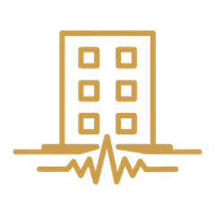 Line drawing of a building over a ground-motion trace