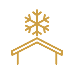 Line drawing of a snowflake over a roof