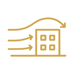 Line drawing of wind flowing over a building